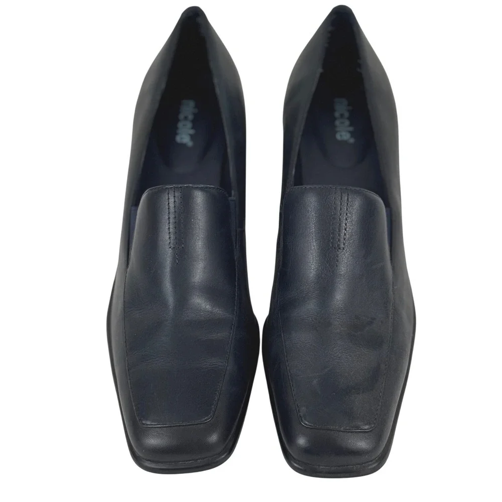 90s/Y2K Minimalist Heels Navy Blue Classic Square Toe Block Heel Loafer Size 7.5